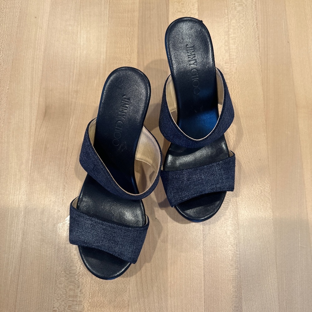 Jimmy Choo- Denim Strappy Cork Wedge